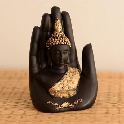 eCraftIndia Golden Handcrafted Palm Buddha Polyresin Showpiece (12.5 cm x 7.5 cm x 17.5 cm, Black)