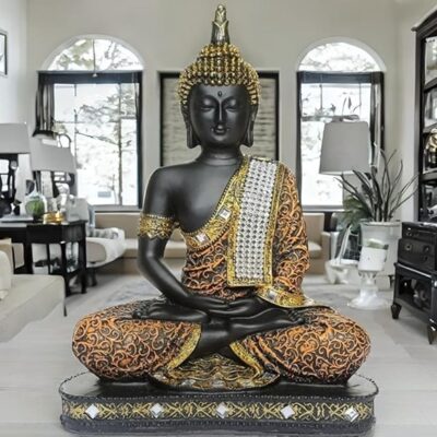 Global Grabbers New 25 Centimetre Meditating Sitting Buddha Statue showpiece Idol Home Decor Items for Living Room and Gifts (1, Orange Black)