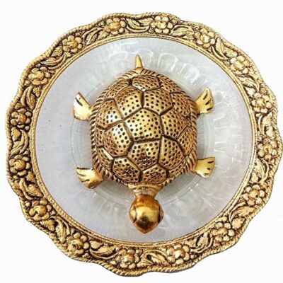 Trendy Crafts Metal Feng Shui Tortoise On Plate Showpiece (Golden, Diameter:5.5 Inch)