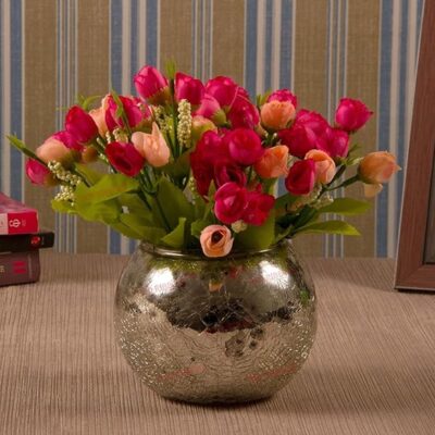 TIED RIBBONS Multicolor Flowers with Mercury Glass Vase for Home Decor Center Table Bedroom Living Room and Office Decoration (Multicolor