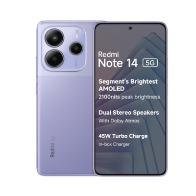 Redmi Note 14 5G (Phantom Purple, 8GB RAM 128GB Storage) | Global Debut MTK Dimensity 7025 Ultra | 2100 nits Segment Brightest 120Hz AMOLED | 50MP Sony LYT 600 OIS+EIS Triple Camera